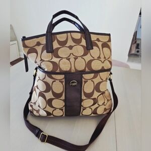 Coach Y2K Signature C Brown Canvas & Leather Trim Fold over Tote and Crossbody